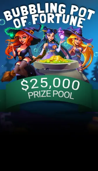Bubbling Pot of Fortune freeroll artwork with a witch stirring a pot of gold