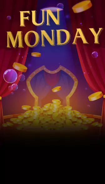 Fun Monday free spins artwork with gold coins spilling across a red stage