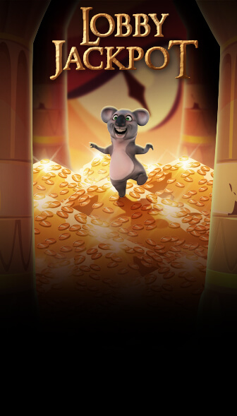 Lobby Jackpot artwork with Kev the Koala jumping on a mountain of gold coins