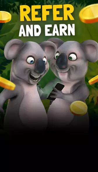 Refer and Earn artwork with two koalas sharing a phone among flying gold coins